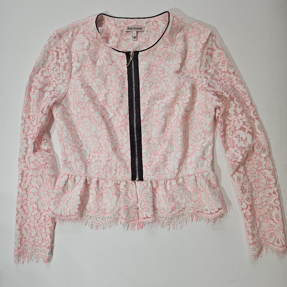 Juicy Couture Blouse Womens 2 Black Pink Lace‎ Overlay 3/4 Zip Y2K Cottagecore
